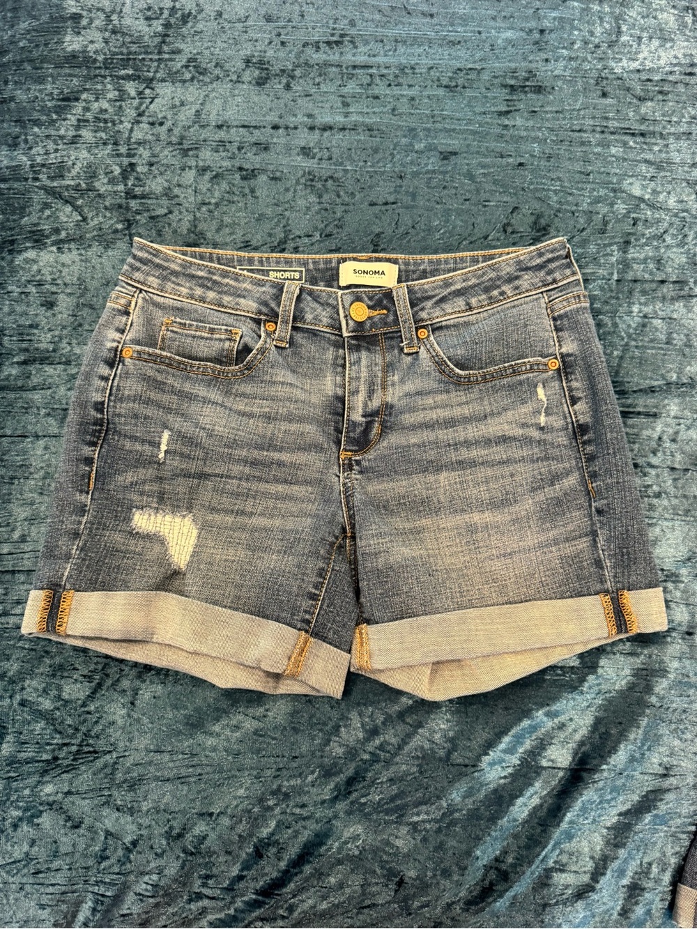 Sonoma Women's Distressed Cuffed Denim Shorts in Blue Wash